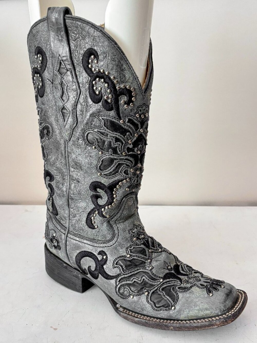 Corral Grey Leather Embroidered Studded Western Boots Womens 8 A1130 Cowgirl